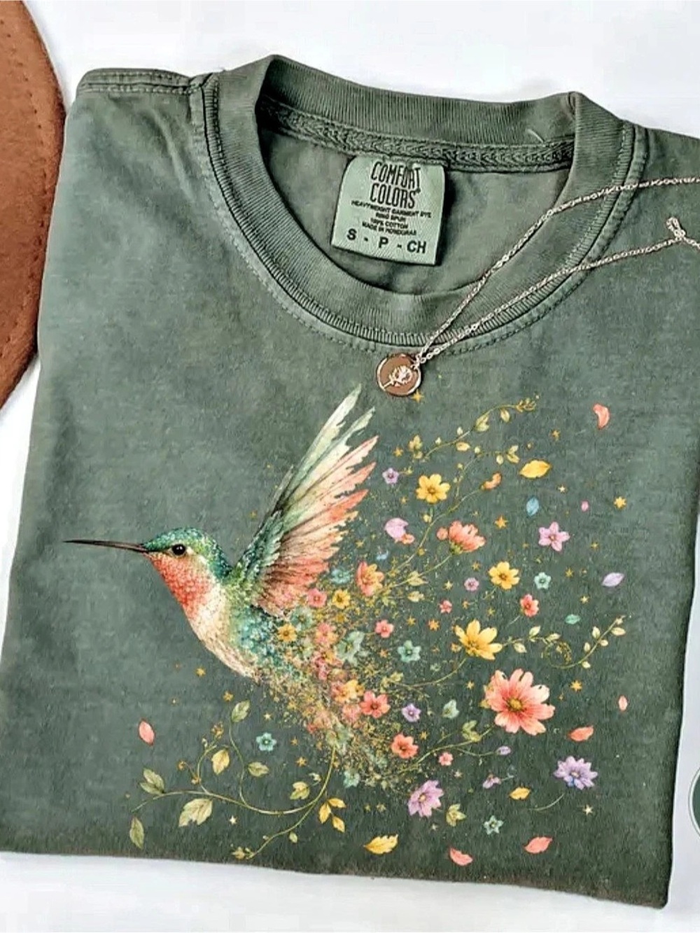 Comfort Colors Floral Hummingbird Tee Green & Multicolor